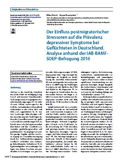 Vorschauseite 1: Der Einfluss postmigratorischer Stressoren auf die Prävalenz depressiver Symptome bei Geflüchteten in Deutschland. Analyse anhand der IAB-BAMF-SOEP-Befragung 2016
