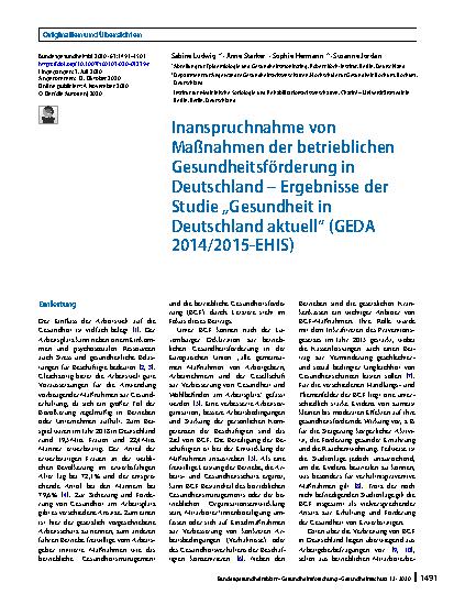 Vorschauseite 1: Inanspruchnahme von Maßnahmen der betrieblichen Gesundheitsförderung in Deutschland – Ergebnisse der Studie „Gesundheit in Deutschland aktuell“ (GEDA 2014/2015-EHIS)