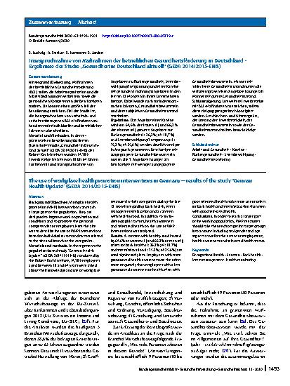 Vorschauseite 3: Inanspruchnahme von Maßnahmen der betrieblichen Gesundheitsförderung in Deutschland – Ergebnisse der Studie „Gesundheit in Deutschland aktuell“ (GEDA 2014/2015-EHIS)