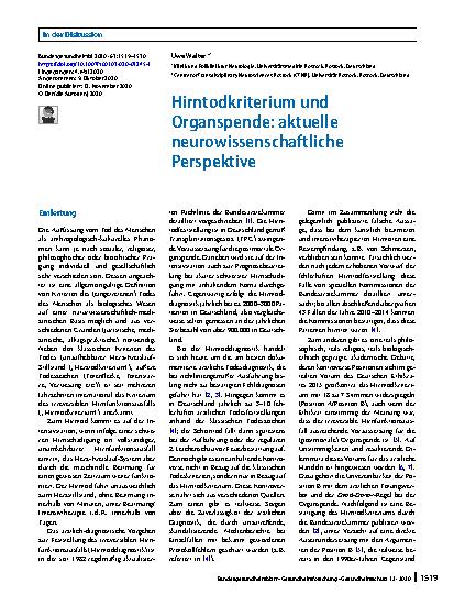Vorschauseite 1: Hirntodkriterium und Organspende: aktuelle neurowissenschaftliche Perspektive