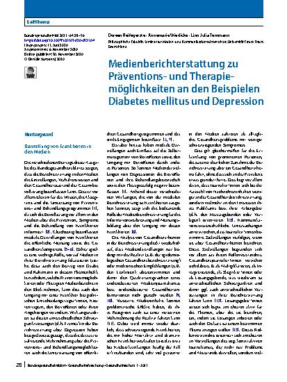 Vorschauseite 1: Medienberichterstattung zu Präventionsund Therapiemöglichkeiten an den Beispielen Diabetes mellitus und Depression