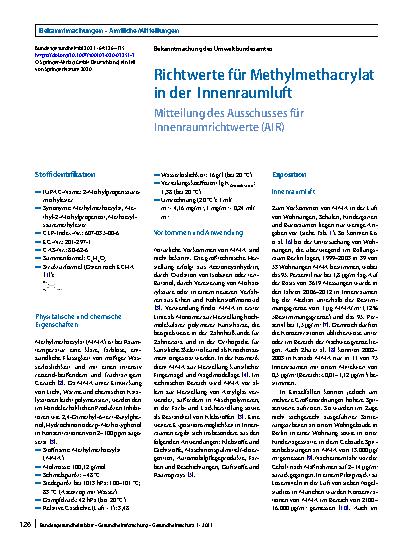 Vorschauseite 1: Richtwerte für Methylmethacrylat in der Innenraumluft