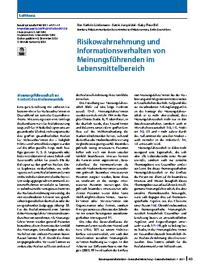 Vorschauseite 1: Risikowahrnehmung und Informationsverhalten von Meinungsführenden im Lebensmittelbereich