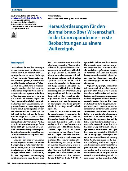 Vorschauseite 1: Herausforderungen für den Journalismus über Wissenschaft in der Coronapandemie – erste Beobachtungen zu einem Weltereignis