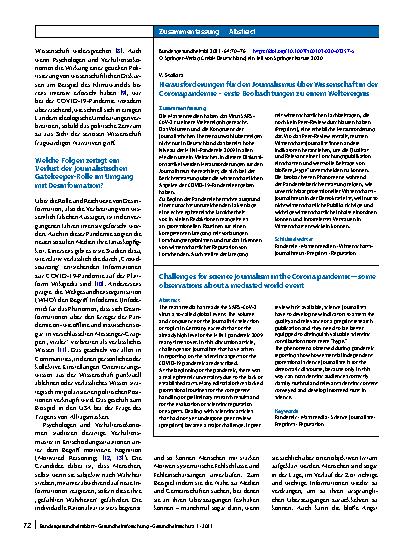 Vorschauseite 3: Herausforderungen für den Journalismus über Wissenschaft in der Coronapandemie – erste Beobachtungen zu einem Weltereignis
