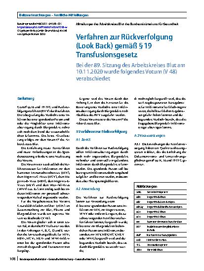 Vorschauseite 1: Verfahren zur Rückverfolgung (Look Back) gemäß § 19 Transfusionsgesetz