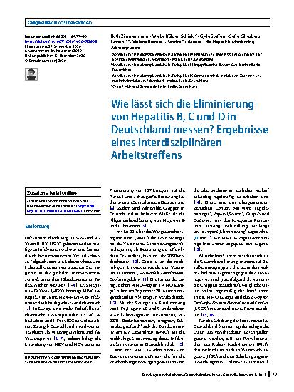 Vorschauseite 1: Wie lässt sich die Eliminierung von Hepatitis B, C und D in Deutschland messen? Ergebnisse eines interdisziplinären Arbeitstreffens