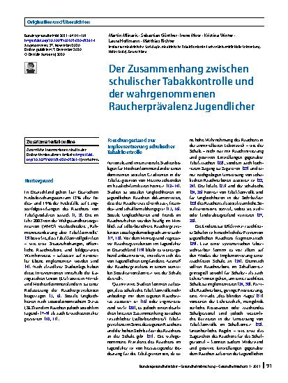 Vorschauseite 1: Der Zusammenhang zwischen schulischer Tabakkontrolle und der wahrgenommenen Raucherprävalenz Jugendlicher