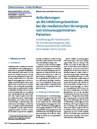 Vorschauseite 1: Anforderungen an die Infektionsprävention bei der medizinischen Versorgung von immunsupprimierten Patienten