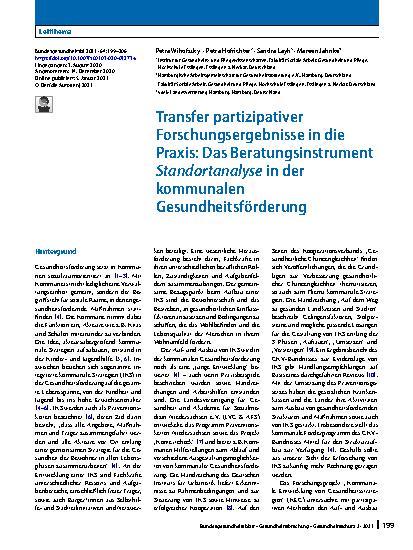 Vorschauseite 1: Transfer partizipativer Forschungsergebnisse in die Praxis: Das Beratungsinstrument Standortanalyse in der kommunalen Gesundheitsförderung