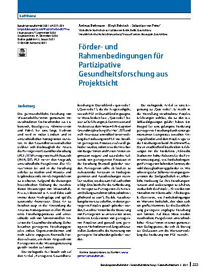 Vorschauseite 1: Förderund Rahmenbedingungen für Partizipative Gesundheitsforschung aus Projektsicht