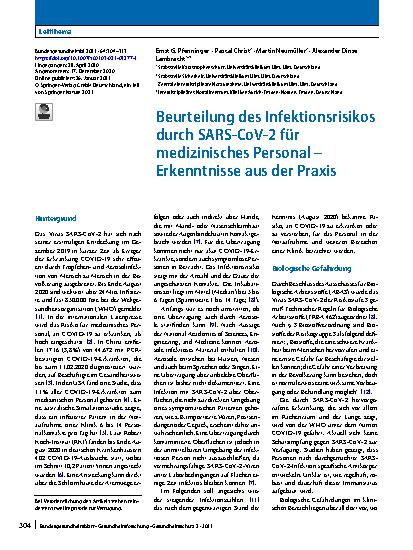 Vorschauseite 1: Beurteilung des Infektionsrisikos durch SARS-CoV-2 für medizinisches Personal – Erkenntnisse aus der Praxis