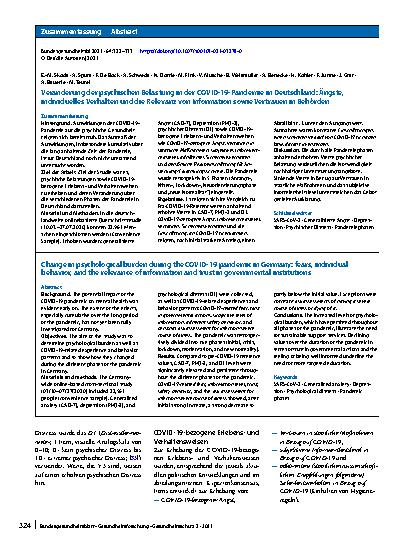 Vorschauseite 3: Veränderung der psychischen Belastung in der COVID-19-Pandemie in Deutschland: Ängste, individuelles Verhalten und die Relevanz von Information sowie Vertrauen in Behörden