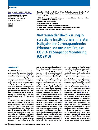 Vorschauseite 1: Vertrauen der Bevölkerung in staatliche Institutionen im ersten Halbjahr der Coronapandemie: Erkenntnisse aus dem Projekt COVID-19 Snapshot Monitoring (COSMO)