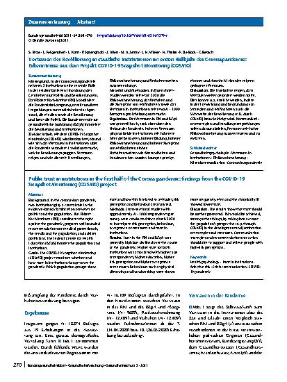 Vorschauseite 3: Vertrauen der Bevölkerung in staatliche Institutionen im ersten Halbjahr der Coronapandemie: Erkenntnisse aus dem Projekt COVID-19 Snapshot Monitoring (COSMO)