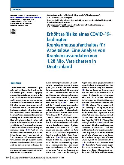 Vorschauseite 1: Erhöhtes Risiko eines COVID-19-bedingten Krankenhausaufenthaltes für Arbeitslose: Eine Analyse von Krankenkassendaten von 1,28 Mio. Versicherten in Deutschland