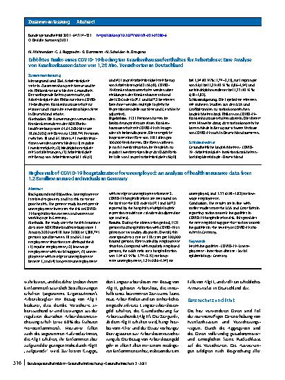 Vorschauseite 3: Erhöhtes Risiko eines COVID-19-bedingten Krankenhausaufenthaltes für Arbeitslose: Eine Analyse von Krankenkassendaten von 1,28 Mio. Versicherten in Deutschland