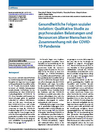 Vorschauseite 1: Gesundheitliche Folgen sozialer Isolation: Qualitative Studie zu psychosozialen Belastungen und Ressourcen älterer Menschen im Zusammenhang mit der COVID-19-Pandemie