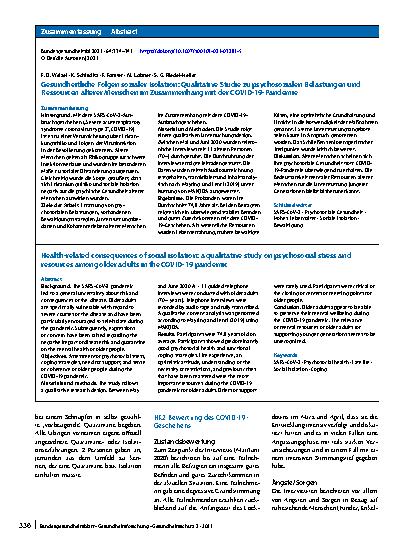 Vorschauseite 3: Gesundheitliche Folgen sozialer Isolation: Qualitative Studie zu psychosozialen Belastungen und Ressourcen älterer Menschen im Zusammenhang mit der COVID-19-Pandemie