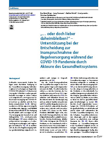 Vorschauseite 1: „… oder doch lieber daheimbleiben?“ – Unterstützung bei der Entscheidung zur Inanspruchnahme der Regelversorgung während der COVID-19-Pandemie durch Akteure des Gesundheitssystems
