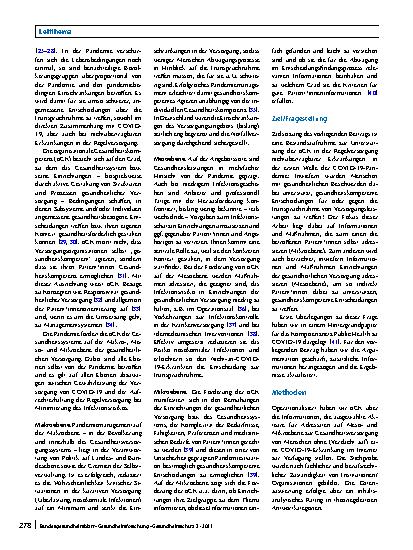 Vorschauseite 2: „… oder doch lieber daheimbleiben?“ – Unterstützung bei der Entscheidung zur Inanspruchnahme der Regelversorgung während der COVID-19-Pandemie durch Akteure des Gesundheitssystems