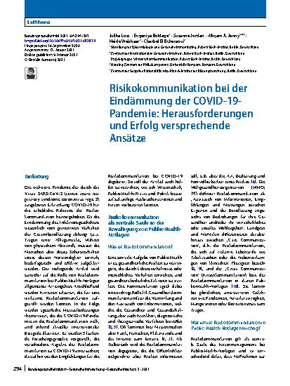 Vorschauseite 1: Risikokommunikation bei der Eindämmung der COVID-19-Pandemie: Herausforderungen und Erfolg versprechende Ansätze