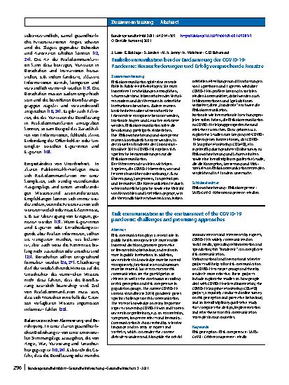Vorschauseite 3: Risikokommunikation bei der Eindämmung der COVID-19-Pandemie: Herausforderungen und Erfolg versprechende Ansätze