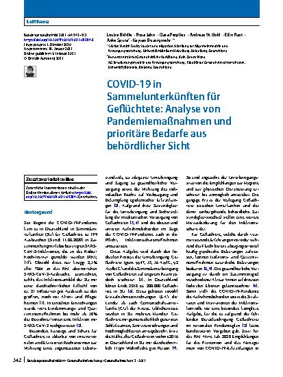Vorschauseite 1: COVID-19 in Sammelunterkünften für Geflüchtete: Analyse von Pandemiemaßnahmen und prioritäre Bedarfe aus behördlicher Sicht
