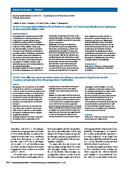 Vorschauseite 3: COVID-19 in Sammelunterkünften für Geflüchtete: Analyse von Pandemiemaßnahmen und prioritäre Bedarfe aus behördlicher Sicht