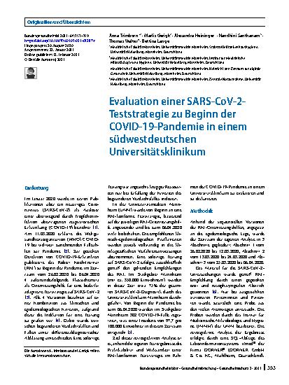 Vorschauseite 1: Evaluation einer SARS-CoV-2-Teststrategie zu Beginn der COVID-19-Pandemie in einem südwestdeutschen Universitätsklinikum