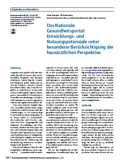 Vorschauseite 1: Das Nationale Gesundheitsportal: Entwicklungsund Nutzungspotenziale unter besonderer Berücksichtigung der hausärztlichen Perspektive