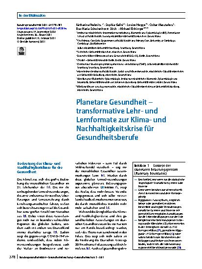 Vorschauseite 1: Planetare Gesundheit – transformative Lehrund Lernformate zur Klimaund Nachhaltigkeitskrise für Gesundheitsberufe