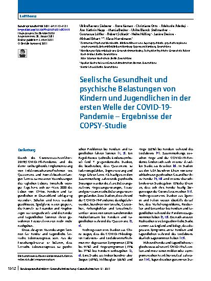 Vorschauseite 1: Seelische Gesundheit und psychische Belastungen von Kindern und Jugendlichen in der ersten Welle der COVID-19-Pandemie – Ergebnisse der COPSY-Studie