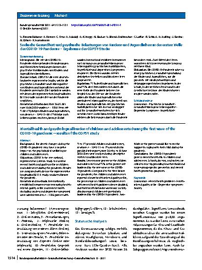 Vorschauseite 3: Seelische Gesundheit und psychische Belastungen von Kindern und Jugendlichen in der ersten Welle der COVID-19-Pandemie – Ergebnisse der COPSY-Studie