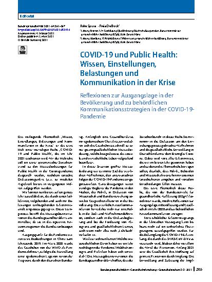 Vorschauseite 1: COVID-19 und Public Health: Wissen, Einstellungen, Belastungen und Kommunikation in der Krise
