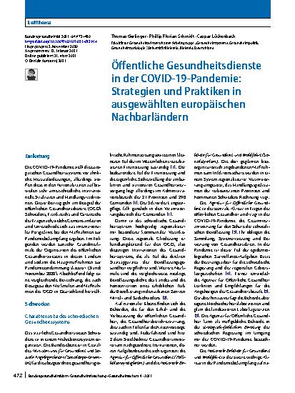 Vorschauseite 1: Öffentliche Gesundheitsdienste in der COVID-19-Pandemie: Strategien und Praktiken in ausgewählten europäischen Nachbarländern