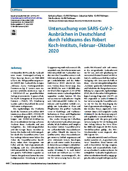 Vorschauseite 1: Untersuchung von SARS-CoV-2-Ausbrüchen in Deutschland durch Feldteams des Robert Koch-Instituts, Februar–Oktober 2020