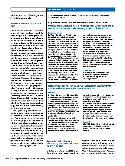 Vorschauseite 3: Untersuchung von SARS-CoV-2-Ausbrüchen in Deutschland durch Feldteams des Robert Koch-Instituts, Februar–Oktober 2020