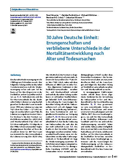 Vorschauseite 1: 30 Jahre Deutsche Einheit: Errungenschaften und verbliebene Unterschiede in der Mortalitätsentwicklung nach Alter und Todesursachen