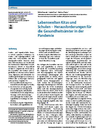 Vorschauseite 1: Lebenswelten Kitas und Schulen – Herausforderungen für die Gesundheitsämter in der Pandemie