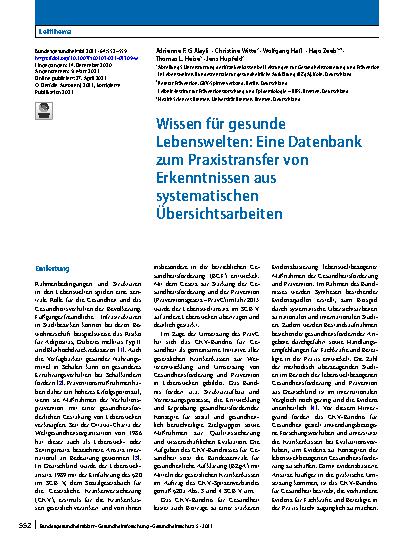 Vorschauseite 1: Wissen für gesunde Lebenswelten: Eine Datenbank zum Praxistransfer von Erkenntnissen aus systematischen Übersichtsarbeiten