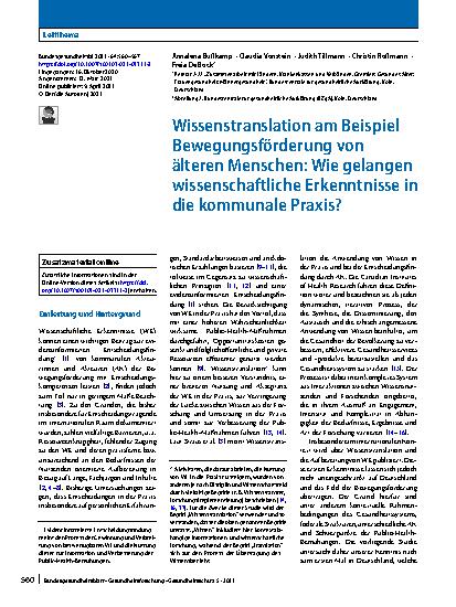 Vorschauseite 1: Wissenstranslation am Beispiel Bewegungsförderung von älteren Menschen: Wie gelangen wissenschaftliche Erkenntnisse in die kommunale Praxis?