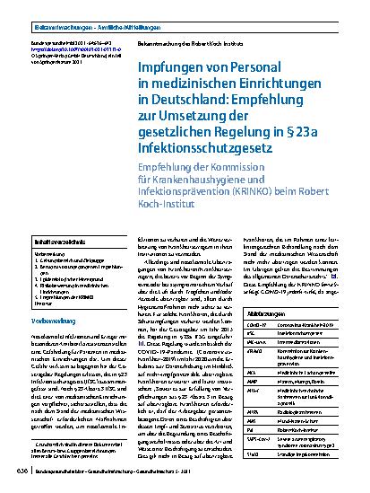 Vorschauseite 1: Impfungen von Personal in medizinischen Einrichtungen in Deutschland: Empfehlung zur Umsetzung der gesetzlichen Regelung in § 23a Infektionsschutzgesetz