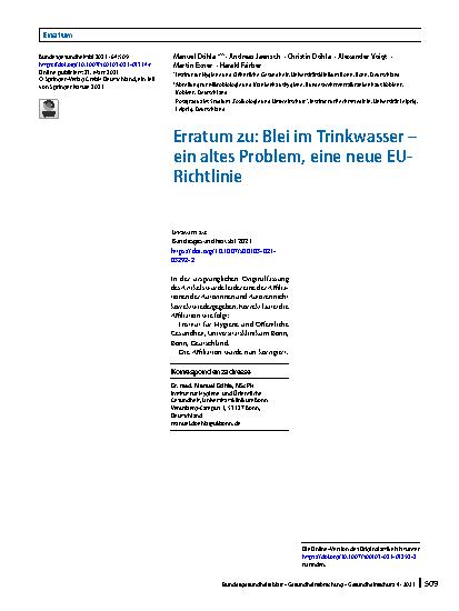 Vorschauseite 1: Erratum zu: Blei im Trinkwasser – ein altes Problem, eine neue EU-Richtlinie