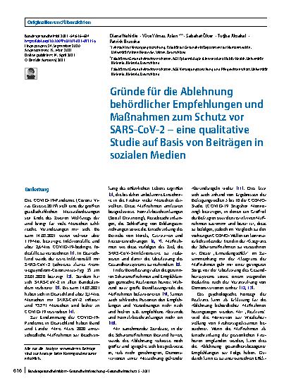 Vorschauseite 1: Gründe für die Ablehnung behördlicher Empfehlungen und Maßnahmen zum Schutz vor SARS-CoV-2 – eine qualitative Studie auf Basis von Beiträgen in sozialen Medien