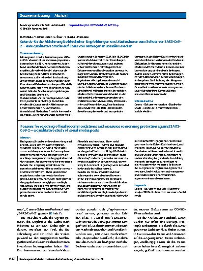 Vorschauseite 3: Gründe für die Ablehnung behördlicher Empfehlungen und Maßnahmen zum Schutz vor SARS-CoV-2 – eine qualitative Studie auf Basis von Beiträgen in sozialen Medien