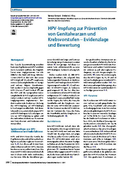 Vorschauseite 1: HPV-Impfung zur Prävention von Genitalwarzen und Krebsvorstufen – Evidenzlage und Bewertung