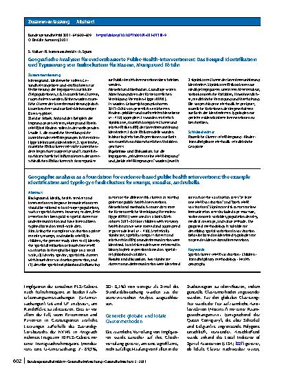 Vorschauseite 3: Geografische Analysen für evidenzbasierte Public-Health-Interventionen: Das Beispiel Identifikation und Typisierung von Risikoclustern für Masern, Mumps und Röteln