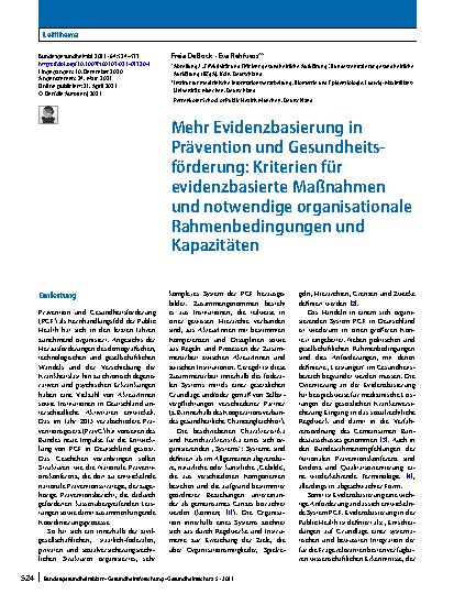 Vorschauseite 1: Mehr Evidenzbasierung in Prävention und Gesundheitsförderung: Kriterien für evidenzbasierte Maßnahmen und notwendige organisationale Rahmenbedingungen und Kapazitäten
