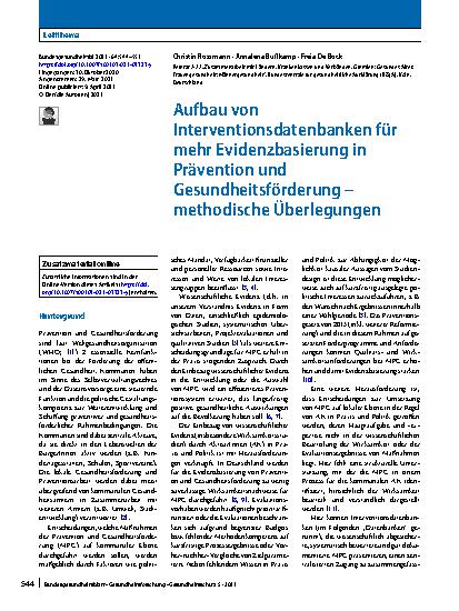 Vorschauseite 1: Aufbau von Interventionsdatenbanken für mehr Evidenzbasierung in Prävention und Gesundheitsförderung – methodische Überlegungen